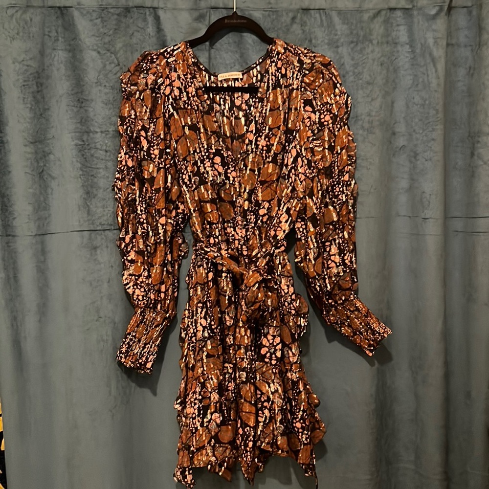 Gold & Brown Silk Ulla Johnson Mini Dress with Ruffles and Sash- Size 6